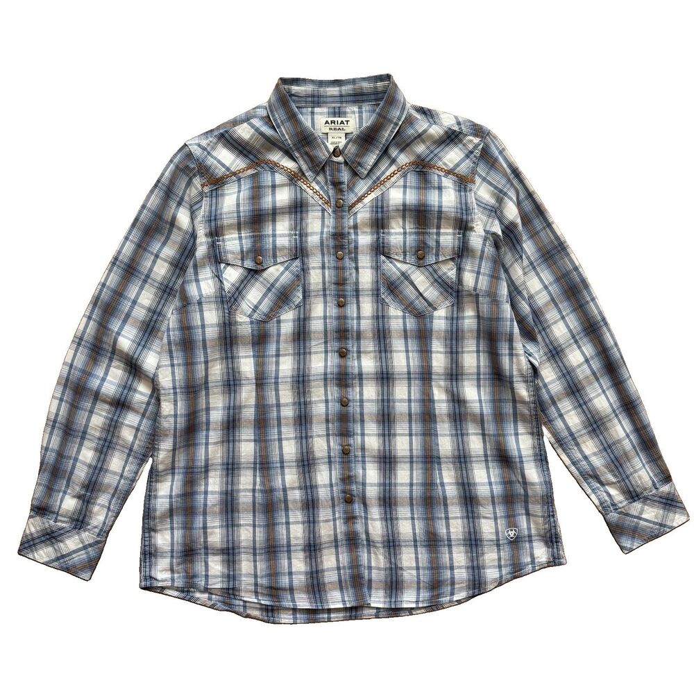Ariat Real Women's Western Pearl Snap Shirt XL Blue Plaid Summer Breeze Cowgirl